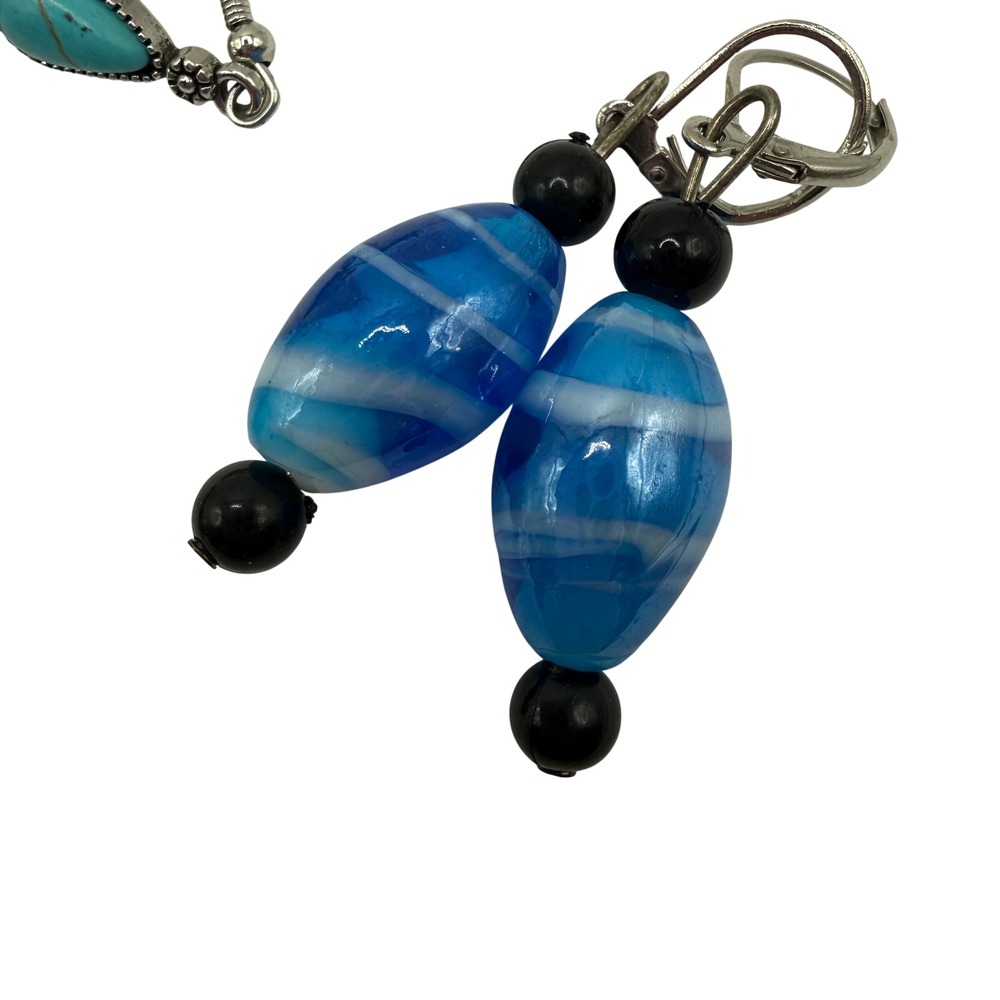 Boho Coastal Silver Tone Beaded Earrings Lot of 6 — Turquoise Blue Dangle - Picture 4 of 10